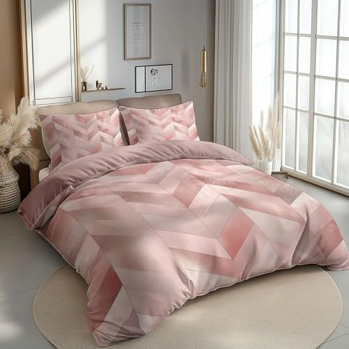 Double Duvet Cover Bedding Set Rose Gold Foil Herringbone Pattern, Summer Reversible Duvet Cover Set with 2 Pillowcases for Double Bed 200x200 cm, Soft Microfiber 3pcs
