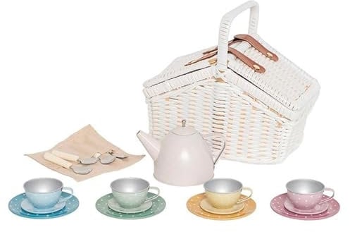 JABaDaBaDo Spielset Picknick-Korb mit Teeservice / Zinn, Teeservice mit 18 Teilen, lädt EIN zum kreativen Spiel, niedlicher weißgeflochtener Picknick-Korb, ab 3 J.
