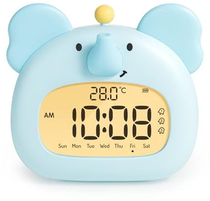 IHALO Elefanten Wecker Digital Kinder,Nachttischwecker mit Nachtlicht,LED Digitaler,DREI Alarme,Wochenendmodus und Snooze,Temperatur,Wiederaufladbar für Kinder,Mädchen,Erwachsene im Schlafzimmer