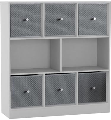 URBNLIVING 8 Cube Asymmetrical Bookcase with 6 Fabric Storage Drawers, Modern Freestanding Shelving Unit for Books, Toys & Decor, Engineered Wood Organizer Cabinet for Home & Office
