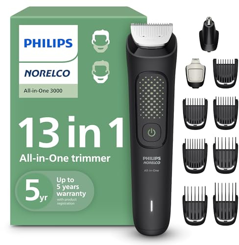 Norelco Philips All-in-One 3000 Series 13 in 1 Trimmer for Men, Beard Trimmer & Head Hair Clipper, Full Metal Self-Sharpening Blades & 8 Length Settings, MG3939/50