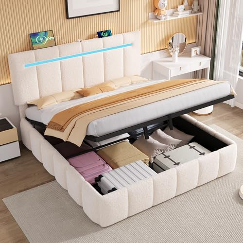 Miyemo King Size Bed Frame with Storage, 5ft Ottoman Upholstered Bed Frame with Charging-Station & LED-Lighting Strip, Adjustable Headboard, Boucle Fabric, 150x200cm, Beige, (No Mattress)
