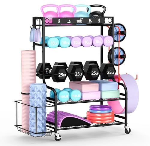 Mythinglogic Yoga Mat Storage Racks,Home Gym Storage Rack for Dumbbells Kettlebells Foam Roller, Yoga Strap and Resistance Bands, Workout Equipment Storage Organizer With Hooks and Wheels