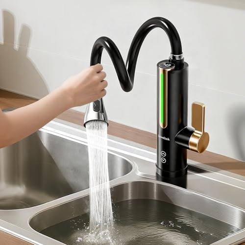 Lovelink Wasserhahn mit Durchlauferhitzer Touch-Temperaturregelung 360° Flexibler Schlauch Farbadaptiv LED Licht Elektrischer Durchlauferhitzer Wasserhahn für Küche/Bad/Balkon (Schwarz)