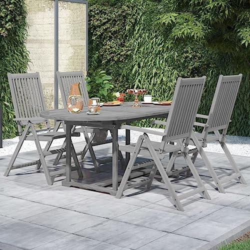 QJBSAVVA 5-TLG. Garten-Essgruppe aus Akazienholz mit Ausziehtisch platzsparende Klappstühle in Grau Modernes Design robust & langlebig für Balkon Terrasse Camping
