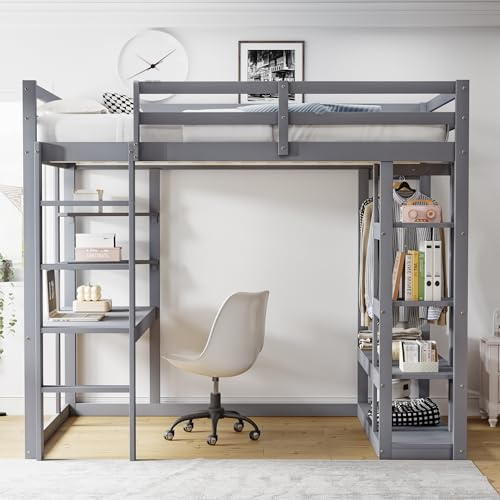VIVCA Hochbett mit Leiter Massivholz 140 * 200 cm, Mit Tisch und Regalen, Mit Einfachen Aufhängungen und Ablage Laminat, Kinderbetten Jugendbetten, Doppelbetten, Grau.