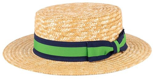 ZAKIRA Classic Straw Boater Hat Handmade from Natural Straw (Navy-Green-Navy Band, M)