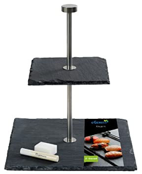 eGenuss 1er-Set 2-stöckige Etagere mit Edelstahl Stange und eckige Schieferplatten modern schwarz | Inklusive Kreide und Schwamm