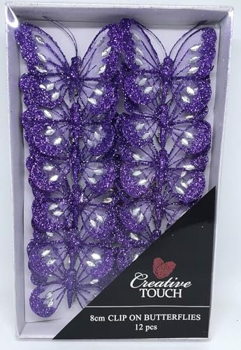 Set of 6 Purple 8cm Diamante Glitter Mesh Jewelled Butterfly 3D Decorative Butterflies Wedding Home Party Event Craft Embellishment Festive Stylish Xmas Tree Christmas Decoration Curtain Clip On