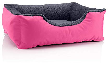 BedDog Hundebett Teddy, Hundesofa aus Cordura und Microfaser-Velours, waschbares Hundebett mit Rand, Hundekissen Vier-eckig, für drinnen, draußen, Größe M, pink-grau