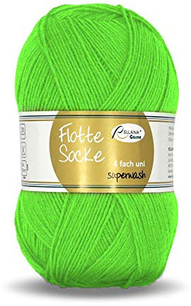 Rellana Flotte Socke uni,100 Gr. 4-fädige Sockenwolle, 75% Schurwolle(Superwash)/25% Polyamid, (995 neongrün)