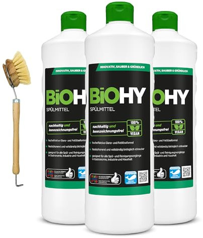 BiOHY Lavavajillas a mano (3 botellas de 1 litro) + Bomba dispensadora | Libre de fosfatos | libre de químicos dañinos y biodegradables | Adecuado para la restauración y el hogar (Spülmittel)