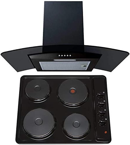 SIA 60cm Black 4 Zone Solid Plate Hob And Smoked Curved Glass Cooker Hood Fan