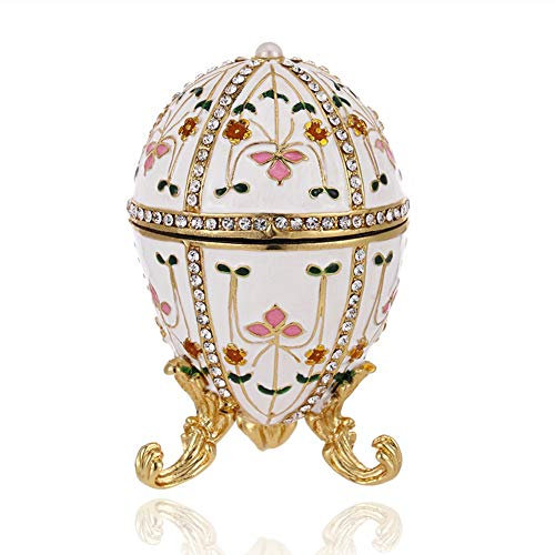 Hand Painted Trinket Box for Home Decor, Hinged Enameled Jewelry Box for Ring Earrings Jewelry Organizer, Unique Vintage Bejeweled Storage Figurine Collectible Keepsake (Faberge Egg-Flower)