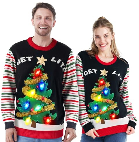 JOYIN Womens LED Light Up Get Lit Christmas Tree Ugly Christmas Jumper Built-in Light Bulbs Xmas Sweater(M, Black)