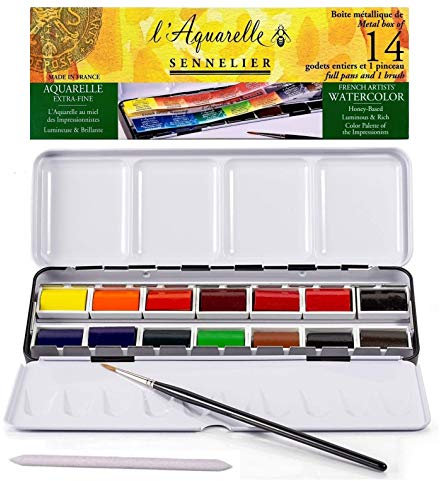 Sennelier Boîte de Peinture Aquarelle Extra-Fines,14 godets entiers .Boîte en métal. avec Pinceau et estompe