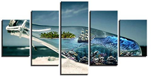 MPPSU Boot in Einer Treibflasche Wanddekoration Wohnzimmer Leinwandbild Jugendzimmer Poster Set Modern 5 Teiliges Wandbild Bedroom Decor XXL Bilder Mit Rahmen 150 * 80cm
