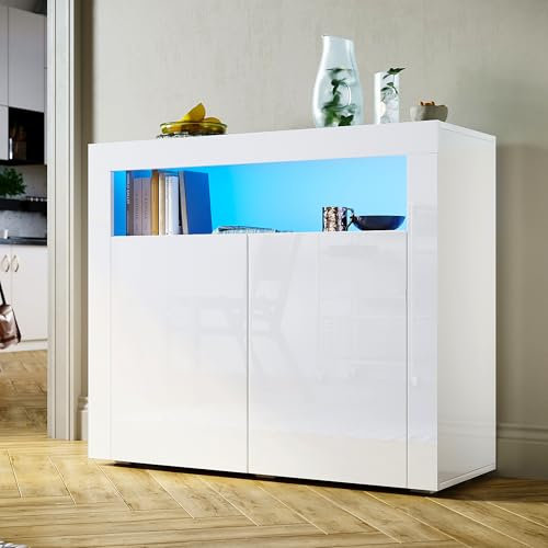 SUNXURY Küchenschrank Sideboard Weiss Hochglanz,2 Türen Griffloses Design Kommode mit LED für Flur Schlafzimmer Küche 108x92x40cm(B/H/T)