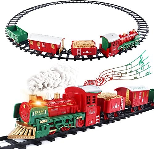 deAO Christmas Theme Classic Zugset für Kinder mit Licht, realistischen Sounds, Raucheffekt, 3-Wagen-Wagen und Gleisen zu Weihnachten! Mehrfarben