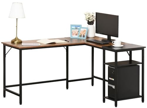 HOMCOM L-Shaped Computer Desk Industrial Corner Writing Desk with Adjustable Storage Shelf Space-Saving Home Office Workstation 150 x 120 x 75 cm Rustic Brown