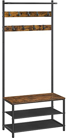 VASAGLE Hall Tree with Bench and Shoe Storage, Entryway Bench with Coat Rack Stand and Shoe Rack, 9 Movable Hooks, Top Bar, Fabric Shelves, Industrial, Rustic Brown and Black UHSR411B01