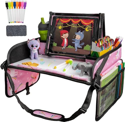 Lusso Gear Reisetisch Auto Kinder mit Schreibtafel | Unverzichtbare Reisebegleiter | Knietablett Kinder Auto | Tablet-Halter |Getränkehalter | Spielzeugaufbewahrung |Flugzeug und Autositze (Einhorn)