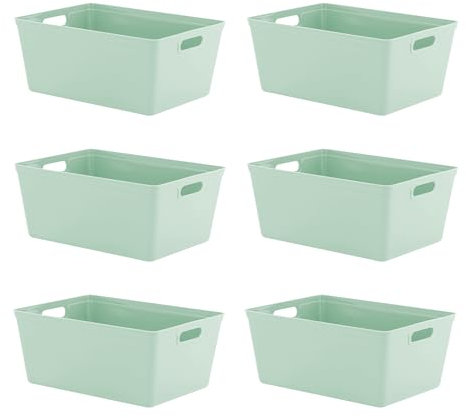 simpa 11L 11 Litre Plastic Storage Basket Studio Organiser Trays with Handles - Sage Green, Set of 6 Trays - 15.5cm (H) x 35cm (L) x 25cm (W)