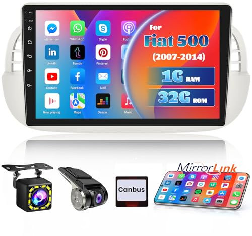 Hikity 9 Zoll Android Autoradio für FIAT 500 2007-2015, Touchscreen Autoradio mit GPS Navigation, FM RDS Radio, WiFi BT, 1DIN Auto Radio Touch Display mit SWC MirrorLink USB Dashcam Rückfahrkamera