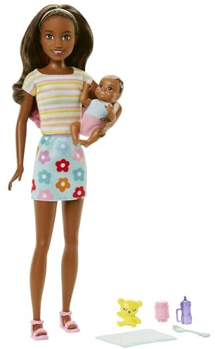 Barbie HJY31 - Puppen und Zubehör, brünette Skipper-Puppe mit Baby-Figur und 5 Zubehörteilen, Babysitters Inc. Spielset, Puppen Spielzeug ab 3 Jahren