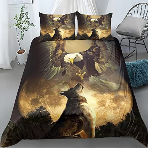 WQIZXCW Bettwäsche 135x200 Adler Wolf Muster, 100% Mikrofaser Bettwäsche-Sets 2teilig, Weiche Bettbezug Set mit Reißverschluss, 1 Kopfkissenbezug 80x80 cm