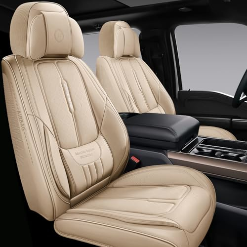 NS YOLO Vollschutz-Leder-Autositzbezüge für Autos, SUVs und Pickup-Trucks, Autositzschutz, Autositzbezüge, Autositzkissen, beigefarbene Sitzbezüge, Vordersitzbezüge für 2 Sitze
