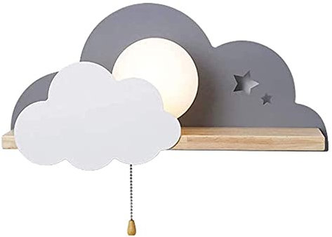 ANKBOY Wolken Wandlampe Innen mit Schalter, E27 Fassung Wandleuchte aus Holz/Metall/Glas Lampenschirm, Kinderlampe Moderne Wandbeleuchtung für Kinder Jungen Mädchen Kinderzimmer Schlafzimmer, Grau
