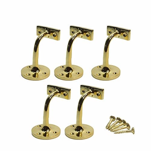 SUL Handrail Brackets Brass Heavy Duty Bracket for Stair Bannister Handrail Wall Mounted Brass Polished Bannister Rail Bracket for Stairs, Wood Stair Bannister Rail Bracket with Screw 5 Pk