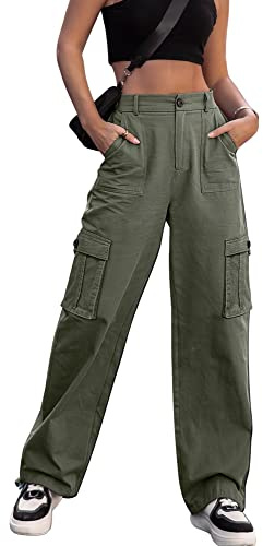 ZMPSIISA - Pantaloni cargo da donna a vita alta e a gamba larga, casual, 6 tasche, stile militare, Verde, M