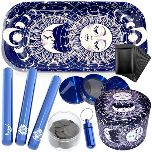 Rolling Tray Bundle Smoking Kit - Metal Rolling Tray, Pre Roll Tubes, Doob Tubes, and More - Smoking Accessories (Blue Rolling Tray Kit)