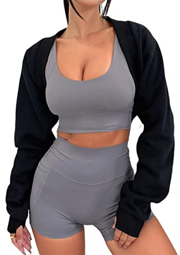 MISSACTIVER Damen-Bolero, langärmelig, mit Daumenloch, vorne offen, Fleece, lockere Passform, bauchfreier Schal, Sweatshirt, Workout, Schwarz, Klein