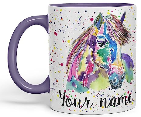Vixar Personalised with Your Text Pony Small Horse Farm Animals Watercolour Art Coloured Ceramic Mug Cup Gift 330ml 11oz Custom Work Office Tea Coffee (O1) (Purple)