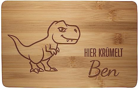 wandmotiv24 Personalisiertes Frühstücksbrettchen, 22x14 cm, Hier krümelt, Dino, T-Rex, Name, Holz, Schneidebrett, Geschenke M0822