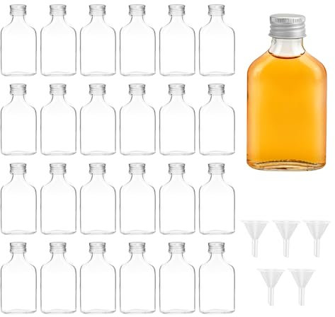 YKUKIZEE 24 Pack Glass Pocket Flask Bottles, 50 ml Flat Miniature Alcohol Bottles with Silver Caps & Funnel for Brewing Whisky Vodka Wedding Favours