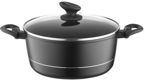 FLORINA Olla de Aluminio (5,1 l) I 26 cm I Olla con Tapa de Vidrio DELUX I Medidor y Revestimiento Antiarañazos I Cazuela Induccion I Apta para Cocina de Inducción, Gas y Eléctrica (Negra)
