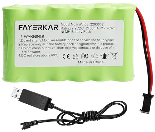 Fayerkar 7.2 V NI-MH Battery Pack, 2400 mAh Rechargeable AA RC Car Battery, 7.2 V Battery with Charging Cable, SM Plug for Remote Controlled Trucks, Lighting, Power Tools