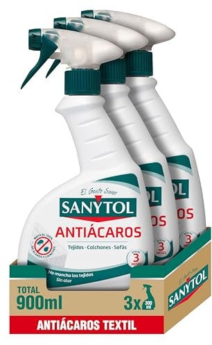 Sanytol - Spray Antiácaros, Mata Ácaros (incluido Sarna) y Chinches en Tejidos no Lavables, Ideal para Colchón, Sofás, Alfombras y Otros Textiles no Lavables - Pack de 3 x 300 ml = 900 ml