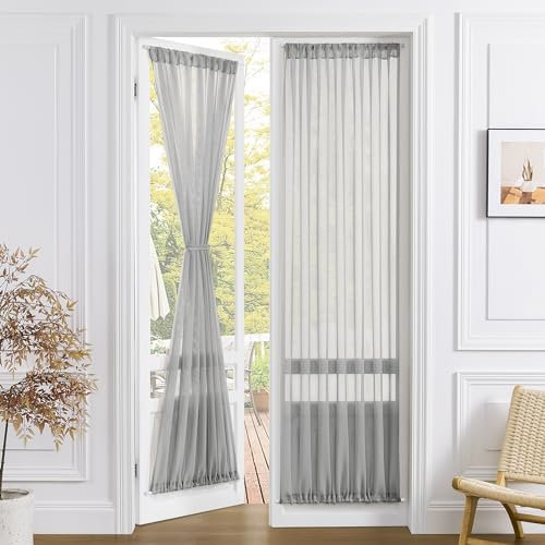 Tollpiz Sheer Door Curtains Closet Linen Textured Curtains Sheer Doorway Light Filtering Voile Rod French Door Pocket Curtain Patio Glass Door, 25 x 72 inches Long, Silver Grey, Set of 1 Panel