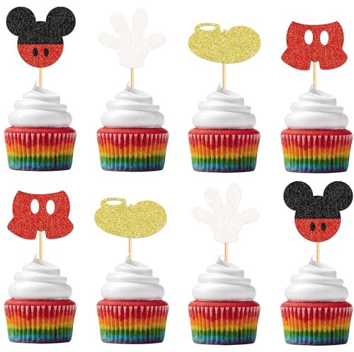 Ercadio 24 PCS Mouse Inspired Cupcake Toppers Gold Red Glitter Gloves Mouse Cupcake Picks Baby Shower Wedding Kids Birthday Party Cake Decorations Supplies Gold Shoes