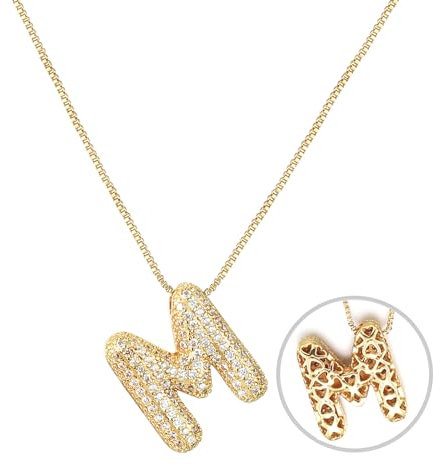 RWQIAN Bubble Buchstaben Kette Gold M Damen Balloon Initialen Haskette Bling Zirkonia Buchstaben Kette Anhänger Blase Letter Schmuck Geschenke für Frauen