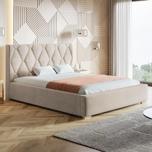 MOTIVENA Oslo Polsterbett 140x200 Beige, Polsterbett 140x200 Samt, Polsterbett 140x200 mit Bettkasten, Polsterbett 140x200 mit Stauraum, mit Lattenrost, mit Kopfteil, ohne Matratze, Beige