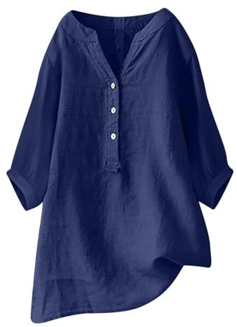 Women Oversized Cotton Linen Shirts Button Down Summer Blouse Roll-Up Sleeve Tops Tunic Trendy Boho Ladies Clothes 2024(Za Dark Blue,XX-Large)