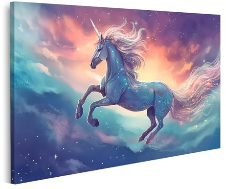 islandburner Bild auf Leinwand Künstlerisches Einhorn fliegt Konzept Wolken Sterne Bilder Wandbilder Poster