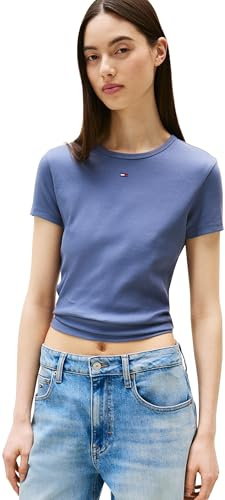Tommy Jeans Damen T-Shirt Kurzarm Essential Rib Slim Fit, Blau (Blue Moment), XS