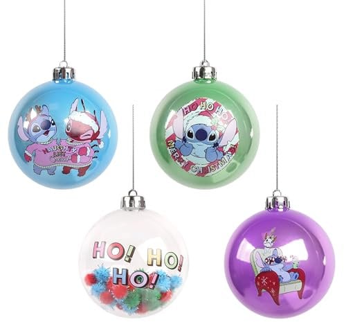 Disney Stitch Christmas Bauble Set, Adornos para el árbol de Navidad, plástico 4 Piezas